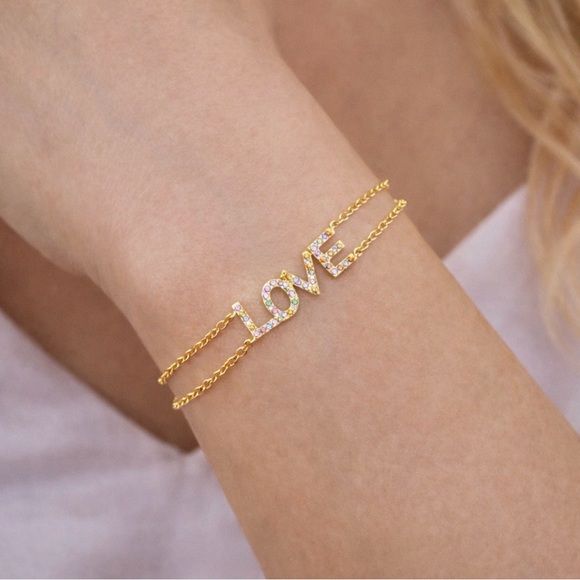 Jewelry - Gold LOVE Bracelet Multicolor Crystal Pavé Dainty Double Chain Stackable Gift